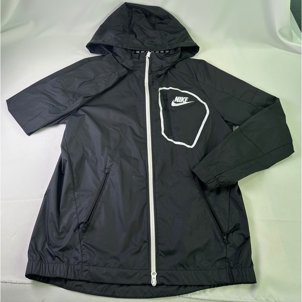 🔥 Vtg Nike‎ Black Windbreaker Jacket S Full Zip White Swoosh Pocket RN 56323